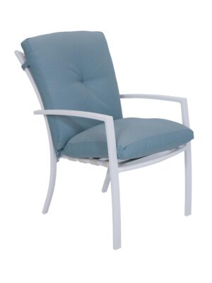 Malibu-Aluminium-Outdoor-Dining-Chair-Frame-White-with-Blue-cushion-Angle